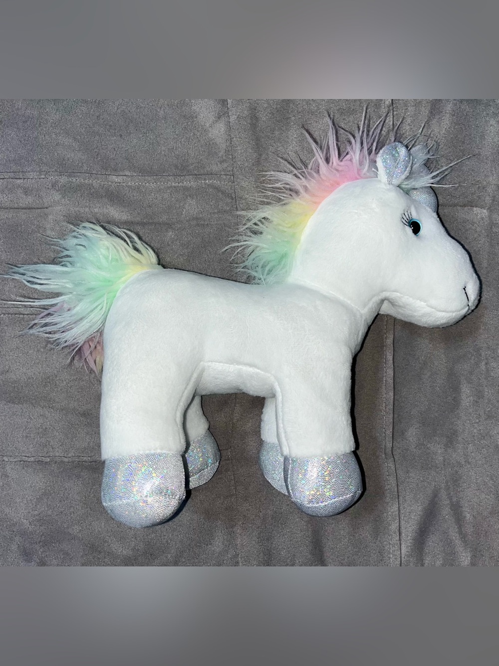 White Unicorn with Rainbow Mane & Shiny Silver Hooves Plush - PERFECT CONDITION